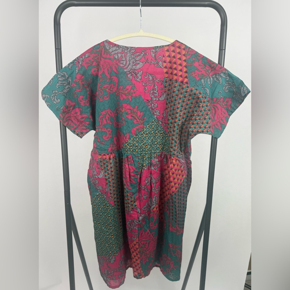 World Market Cotton Boho Patchwork Dress S/M Pink Teal India Short Sleeve Mini - Picture 3 of 5